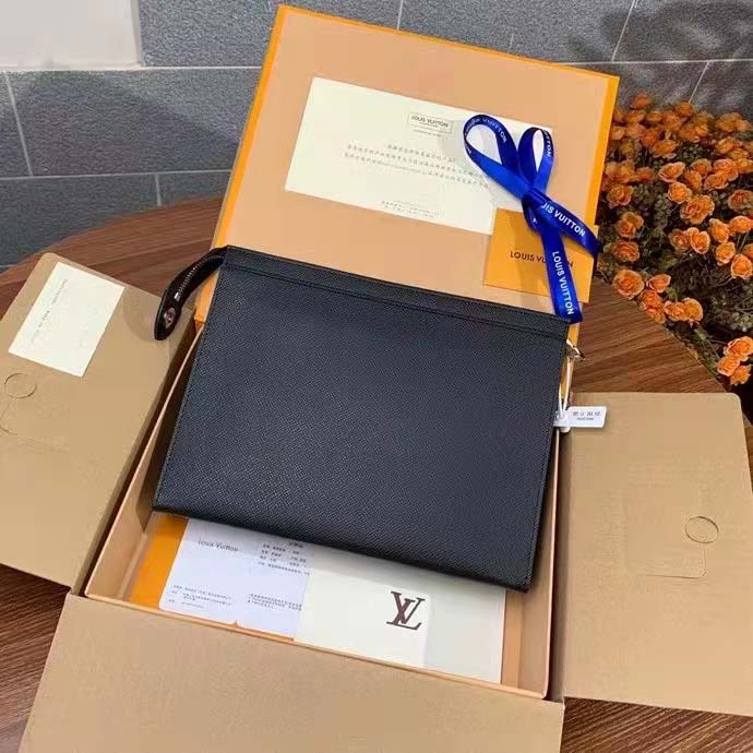 Louis Vuitton LV Unisex Pochette Voyage MM Black Taiga Cowhide Leather Clutch