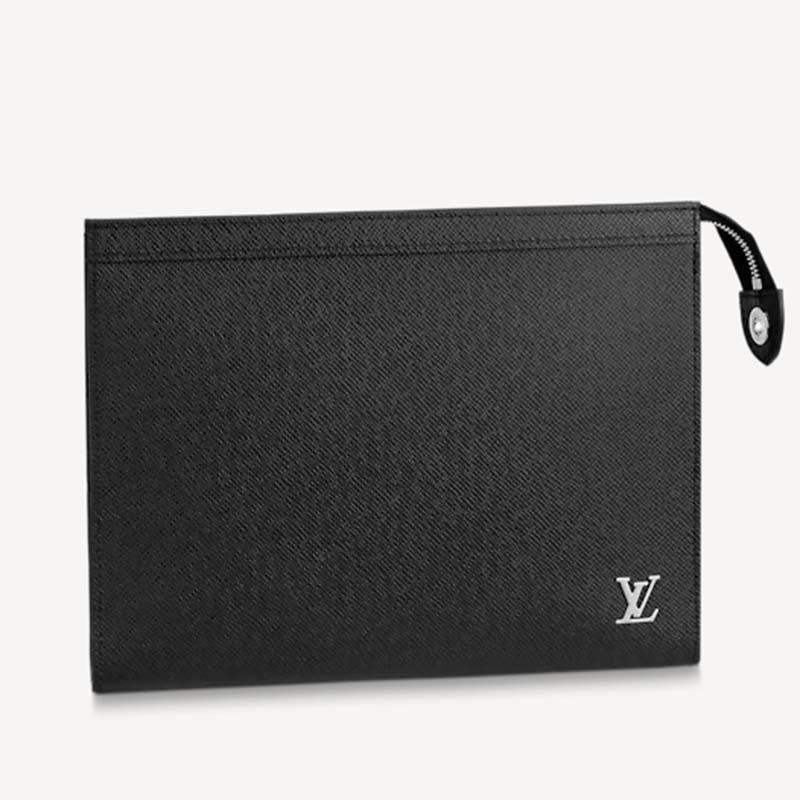 Louis Vuitton LV Unisex Pochette Voyage MM Black Taiga Cowhide Leather Clutch