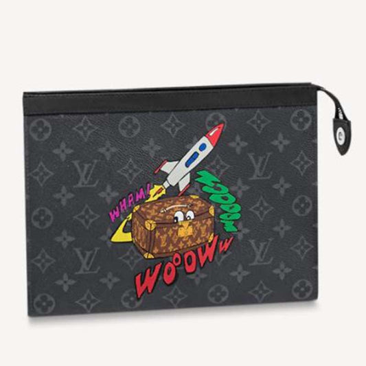 Louis Vuitton LV Unisex Pochette Voyage MM Monogram Eclipse Coated Canvas Clutch