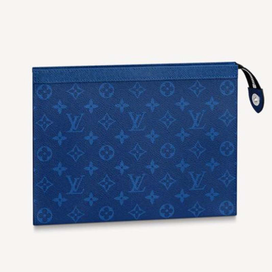 Louis Vuitton LV Unisex Pochette Voyage MM Taiga Cowhide Leather Monogram Eclipse Coated Canvas Clutch