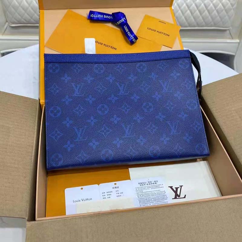 Louis Vuitton LV Unisex Pochette Voyage MM Taiga Cowhide Leather Monogram Eclipse Coated Canvas Clutch