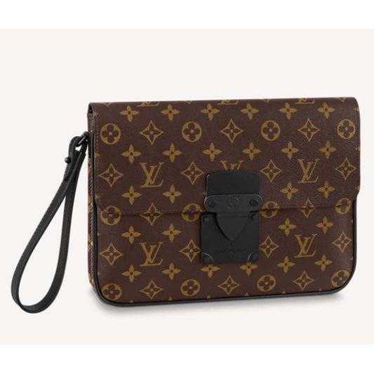 Louis Vuitton LV Unisex S Lock A4 Pouch Monogram Macassar Coated Canvas Epi Leather Clutch