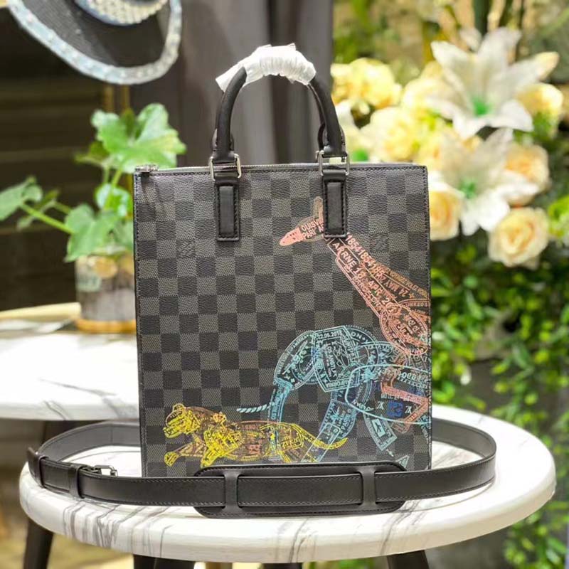 Louis Vuitton LV Unisex Sac Plat Cross Damier Graphite Coated Canvas Handbag