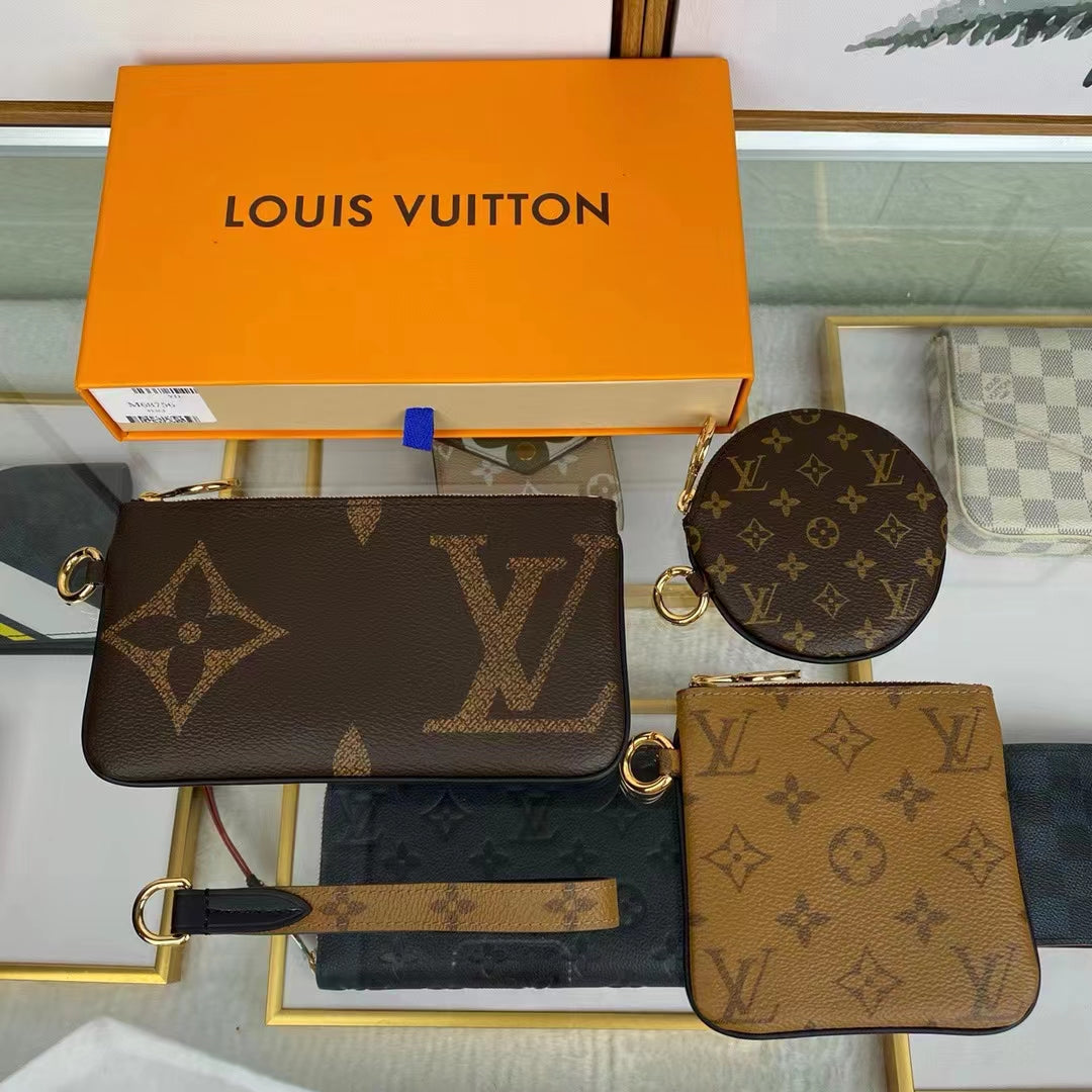 Louis Vuitton LV Unisex Trio Pouch Monogram Giant Mini Coated Canvas Cowhide Clutch