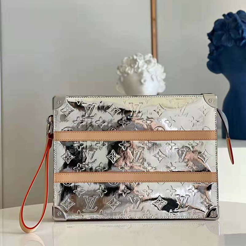 Louis Vuitton LV Unisex Trunk Pouch Silver Monogram Mirror Coated Canvas Clutch