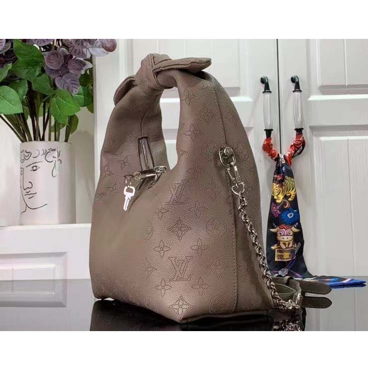Louis Vuitton LV Unisex Why Knot MM Handbag Galet Beige Perforated Mahina Calf Leather