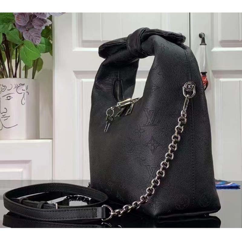 Louis Vuitton LV Unisex Why Knot MM Handbag Galet Black Perforated Mahina Calf Leather