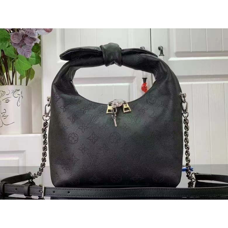 Louis Vuitton LV Unisex Why Knot MM Handbag Galet Black Perforated Mahina Calf Leather