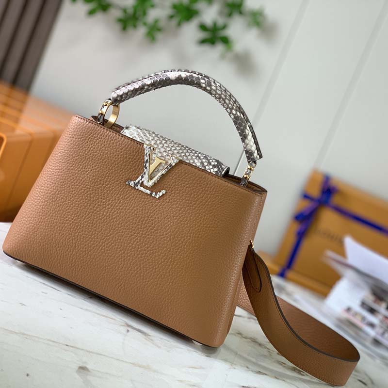 Louis Vuitton LV Women Capucines BB Handbag Brown Taurillon Python Skin Leather