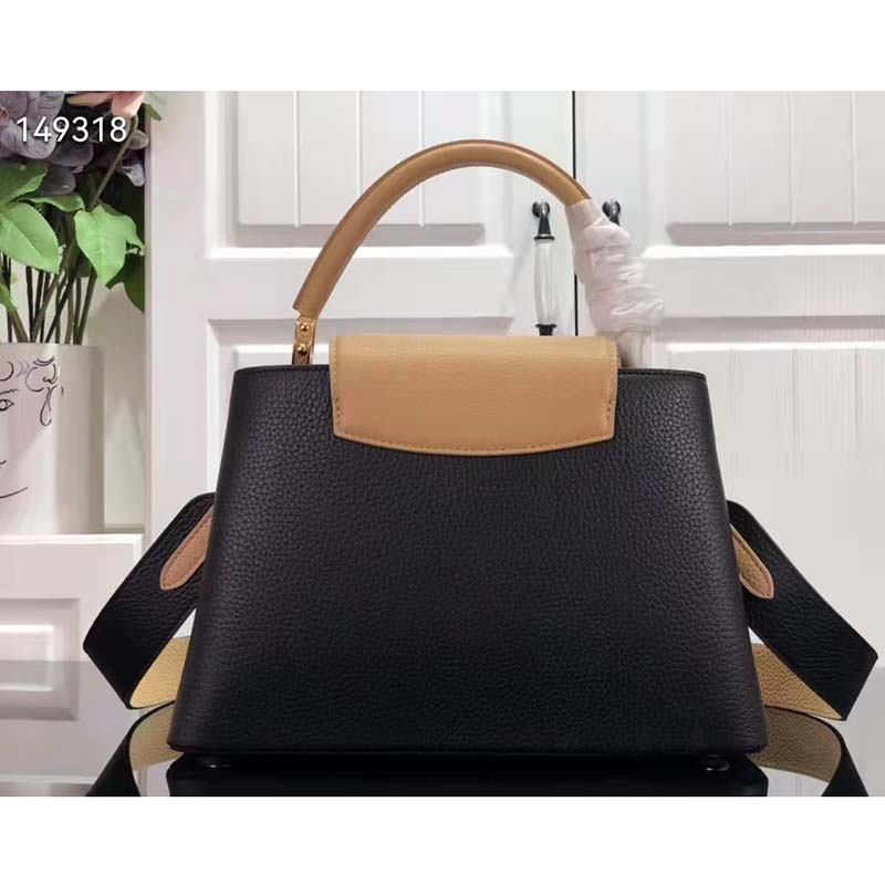 Louis Vuitton LV Women Capucines MM Handbag Black Gold Arizona Taurillon Leather