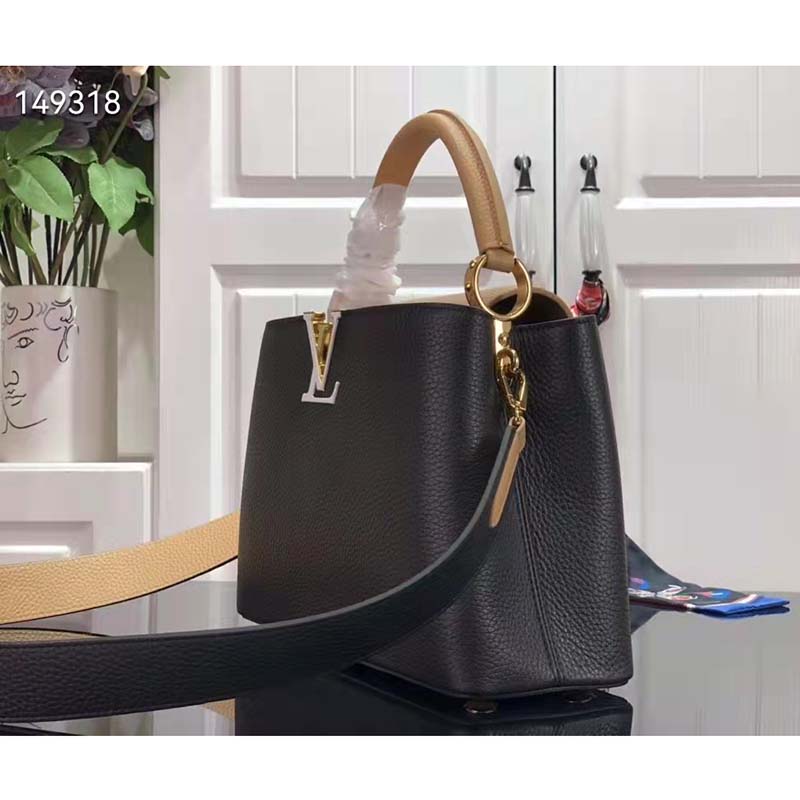 Louis Vuitton LV Women Capucines MM Handbag Black Gold Arizona Taurillon Leather