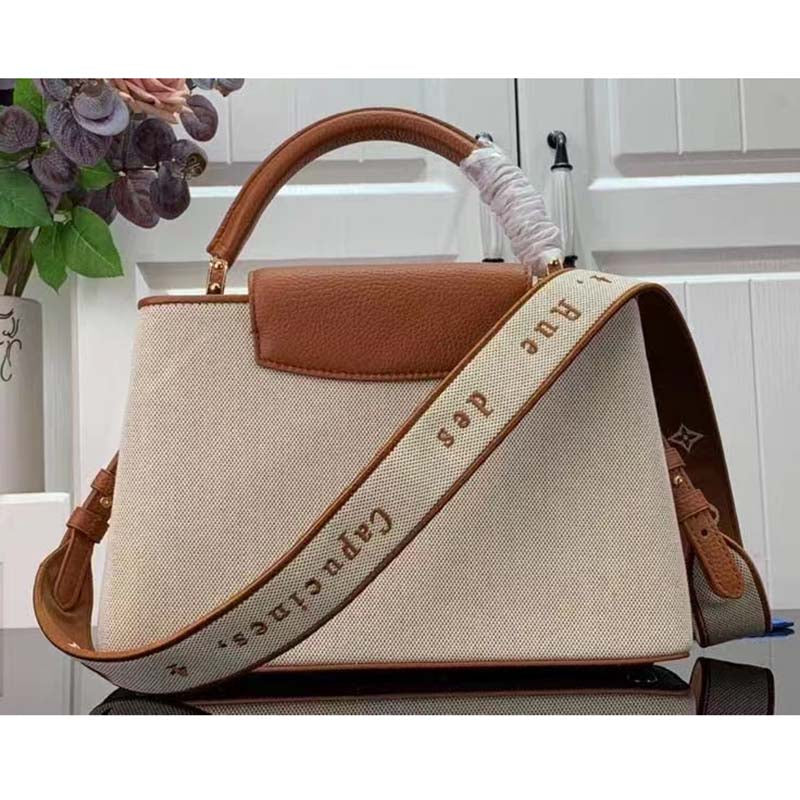 Louis Vuitton LV Women Capucines MM Handbag Caramel Brown Taurillon Leather Canvas
