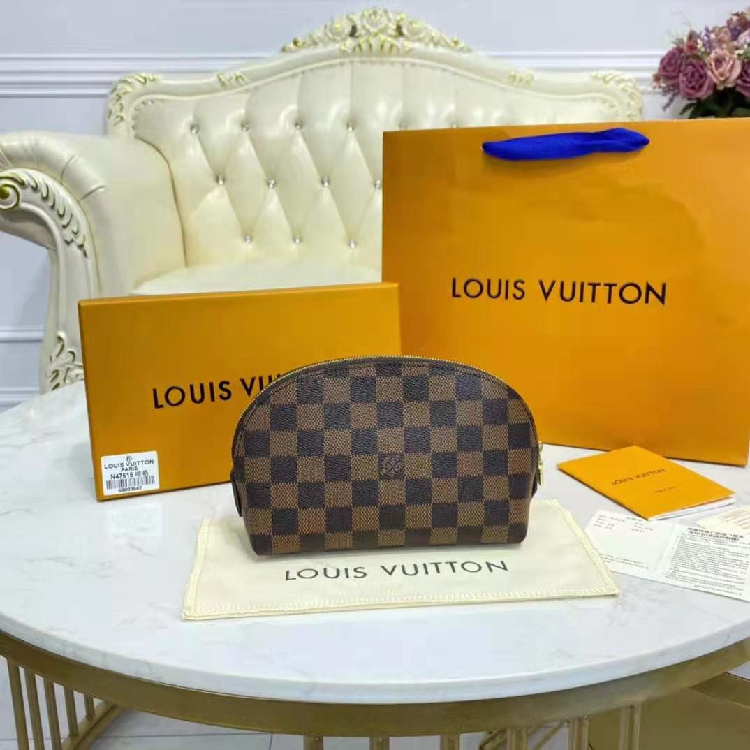 Louis Vuitton LV Women Cosmetics Pouch Damier Coated Canvas Golden Brass Clutch