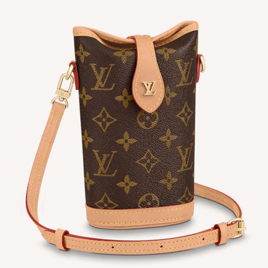 Louis Vuitton LV Women Fold Me Pouch Brown Monogram Canvas Cowhide Leather Clutch