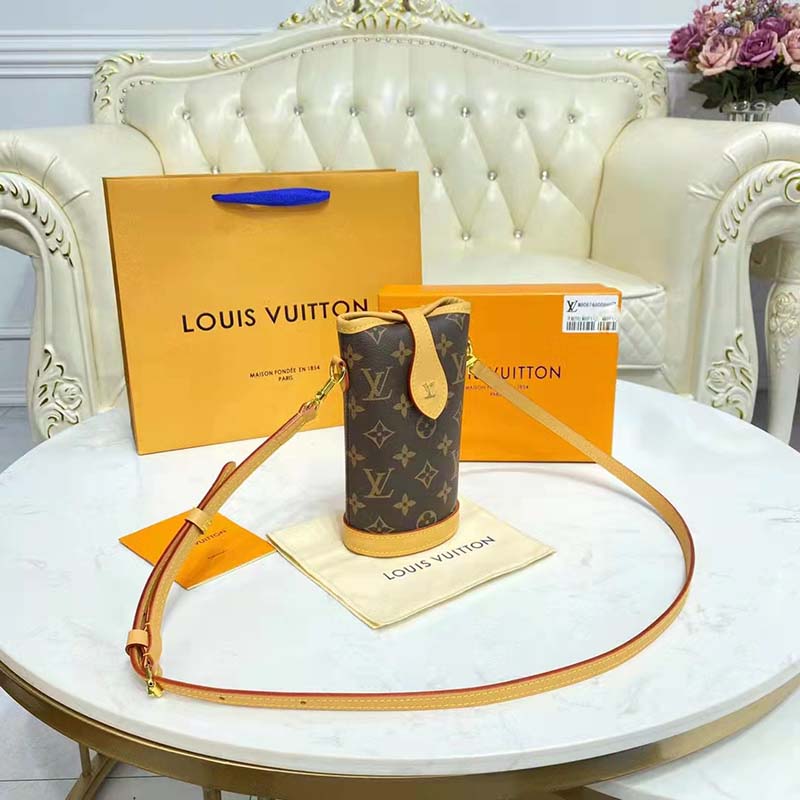 Louis Vuitton LV Women Fold Me Pouch Brown Monogram Canvas Cowhide Leather Clutch