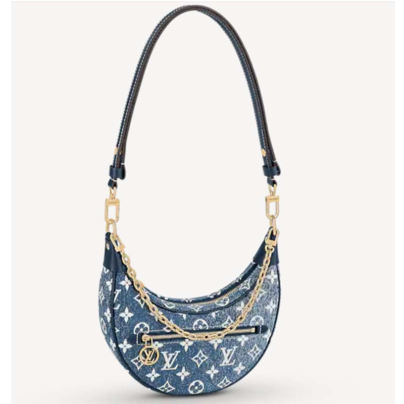 Louis Vuitton LV Women Half-Moon Loop Baguette Handbag Navy Blue Jacquard
