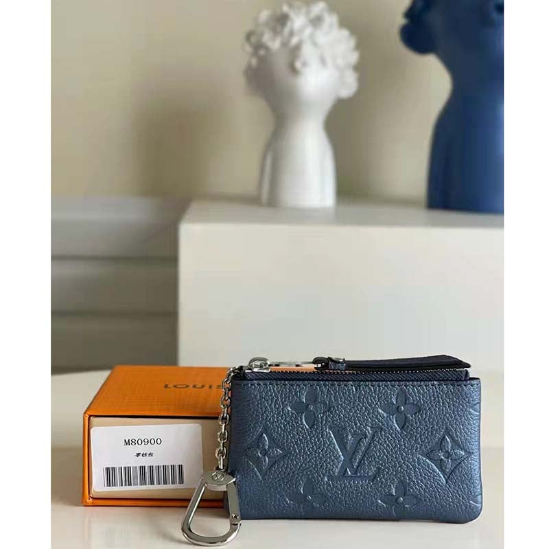 Louis Vuitton LV Women Key Pouch Navy Nacre Embossed Grained Cowhide Leather Clutch