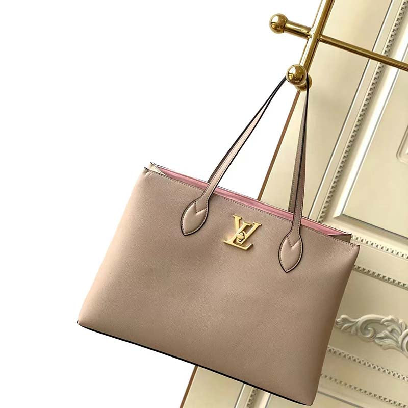 Louis Vuitton LV Women Lockme Shopper Beige Greige Grained Calf Leather Handbag