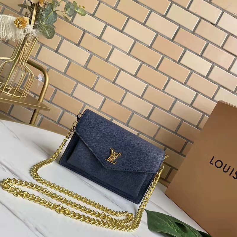 Louis Vuitton LV Women Mylockme Chain Pochette Navy Soft Grained Calfskin Clutch