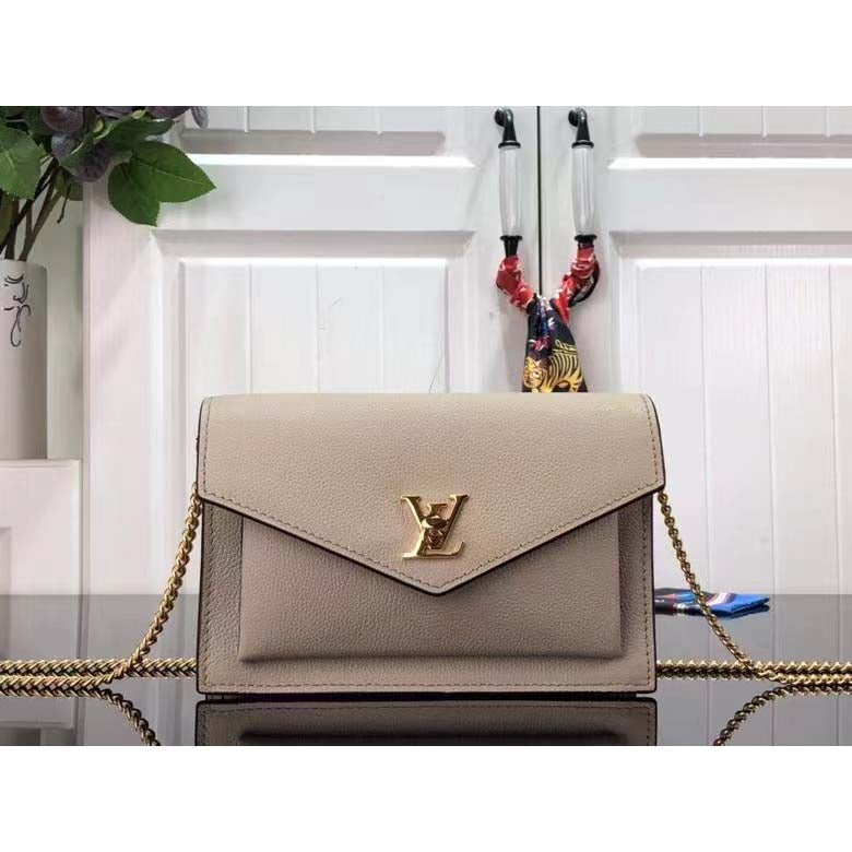 Louis Vuitton LV Women Mylockme Chain Pochette Greige Beige Calf Leather Clutch