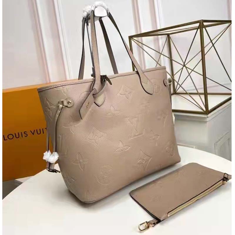 Louis Vuitton LV Women Neverfull MM Tote Beige Embossed Cowhide Leather