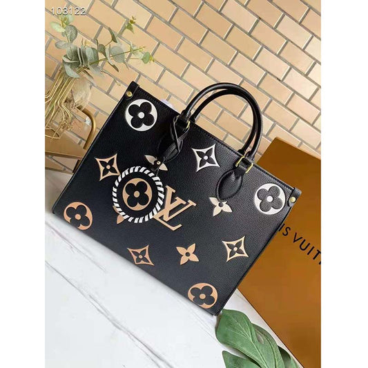 Louis Vuitton LV Women OnTheGo MM Black Beige Embossed Grained Cowhide Leather Tote