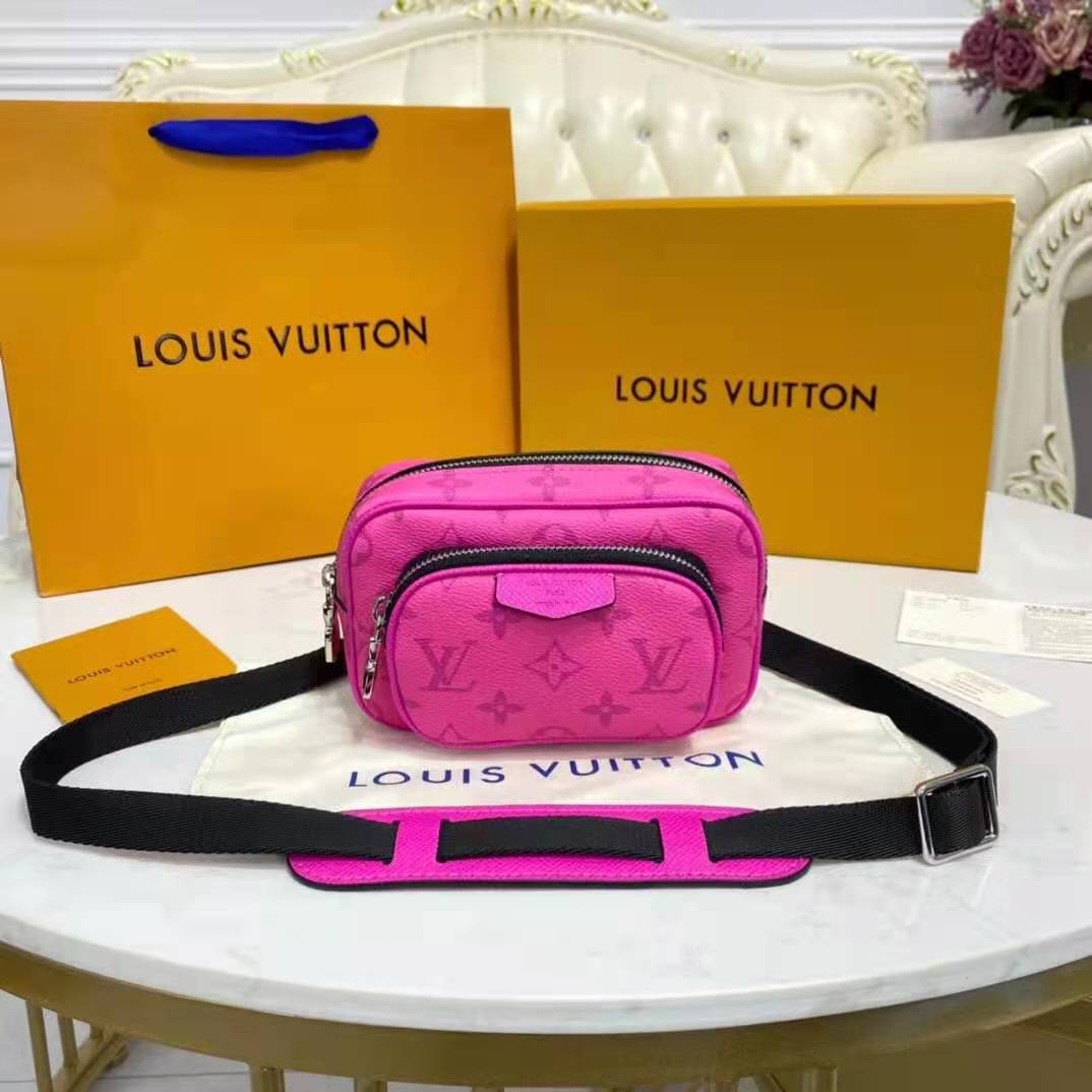 Louis Vuitton LV Women Outdoor Pouch Taigarama Pink Rose Coated Canvas Cowhide Leather Clutch