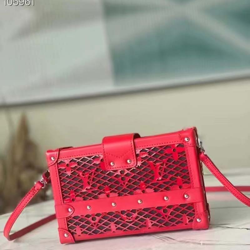 Louis Vuitton LV Women Petite Malle Handbag Red Patent Calfskin Cowhide Leather