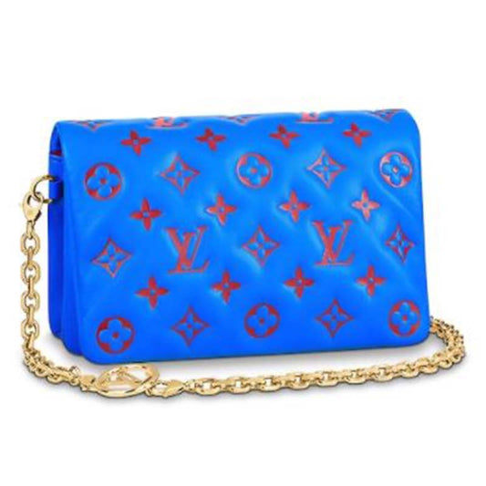 Louis Vuitton LV Women Pochette Coussin Blue Monogram Embossed Lambskin Clutch
