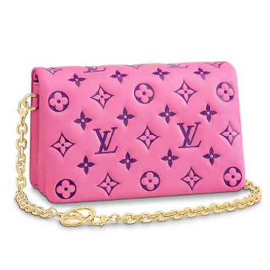 Louis Vuitton LV Women Pochette Coussin Pink Monogram Embossed Lambskin Clutch