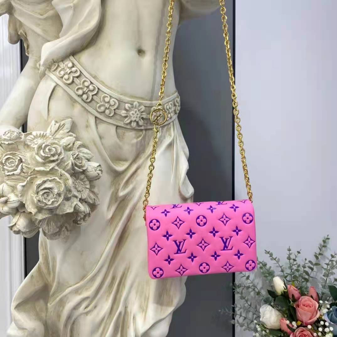 Louis Vuitton LV Women Pochette Coussin Pink Monogram Embossed Lambskin Clutch