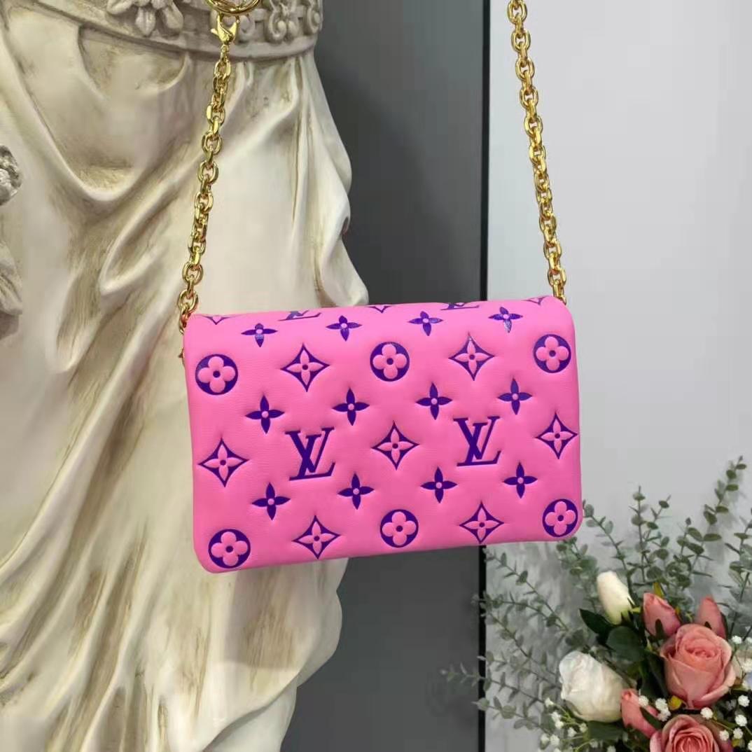 Louis Vuitton LV Women Pochette Coussin Pink Monogram Embossed Lambskin Clutch