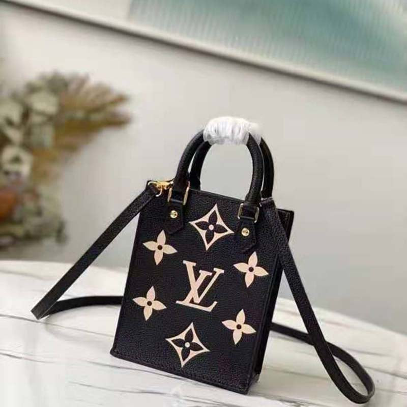 Louis Vuitton Unisex Petit Sac Plat Black Beige Monogram Empreinte Embossed Supple Grained Cowhide Handbag