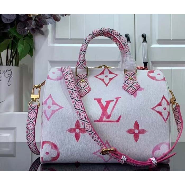 Louis Vuitton Women LV Bandoulière 25 Pink Monogram Coated Canvas Double Zip Padlock