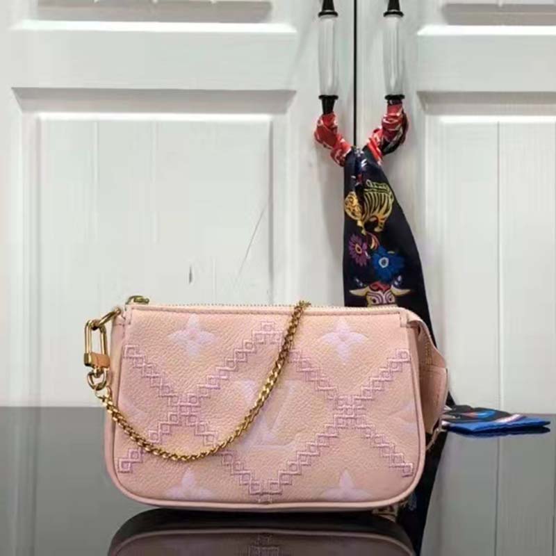 Louis Vuitton Women Mini Pochette Accessoires Pink Monogram Empreinte Embroidered Cowhide Clutch