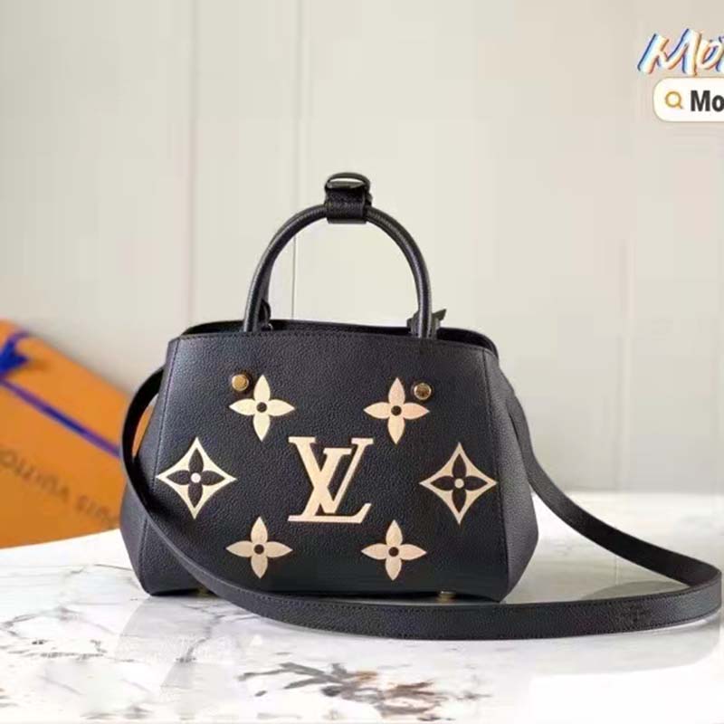 Louis Vuitton Women Montaigne BB Handbag Black Beige Embossed Grained Cowhide Leather
