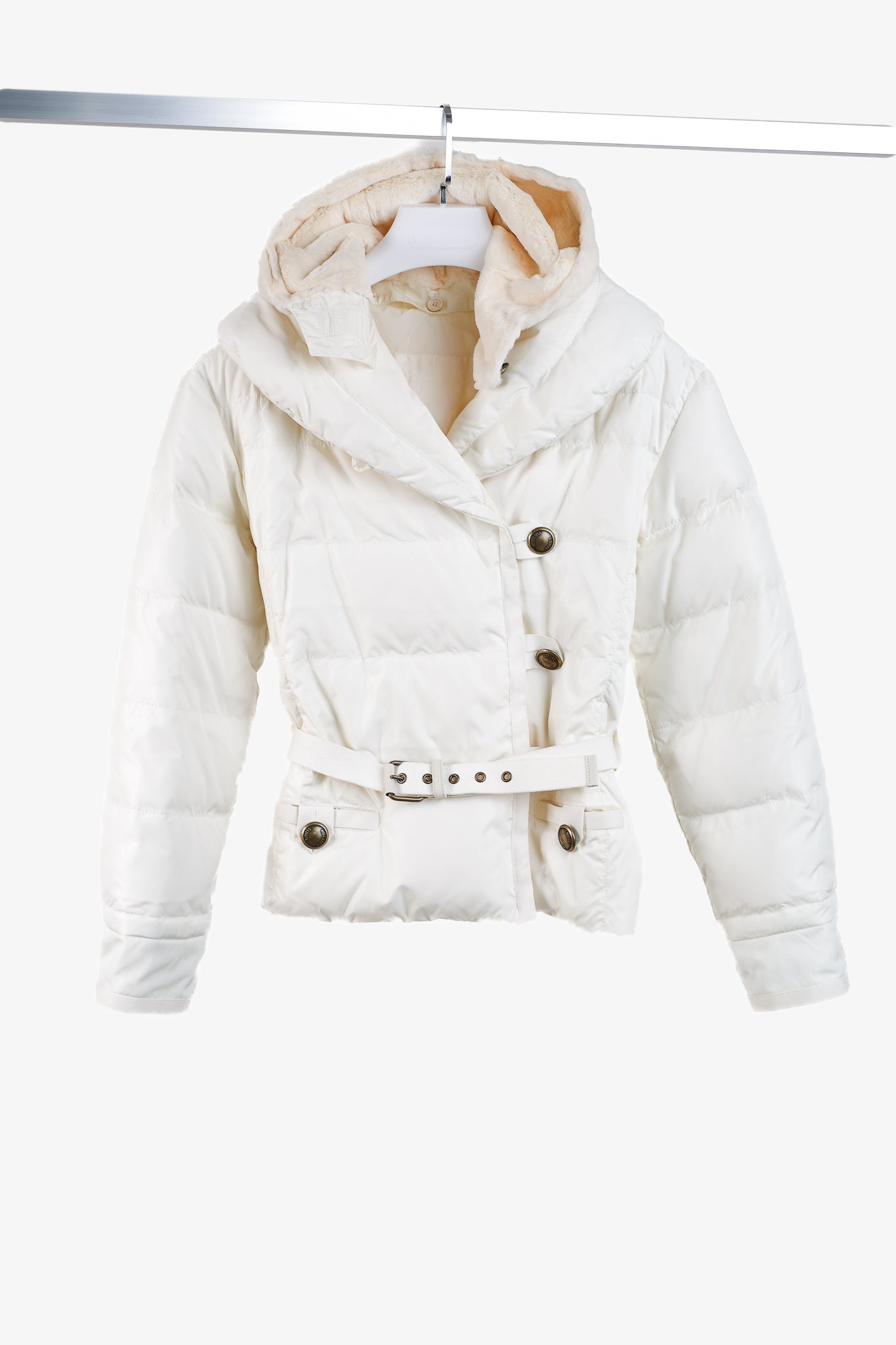 Louis Vuitton Cream Mink-Hood Belted Down Jacket