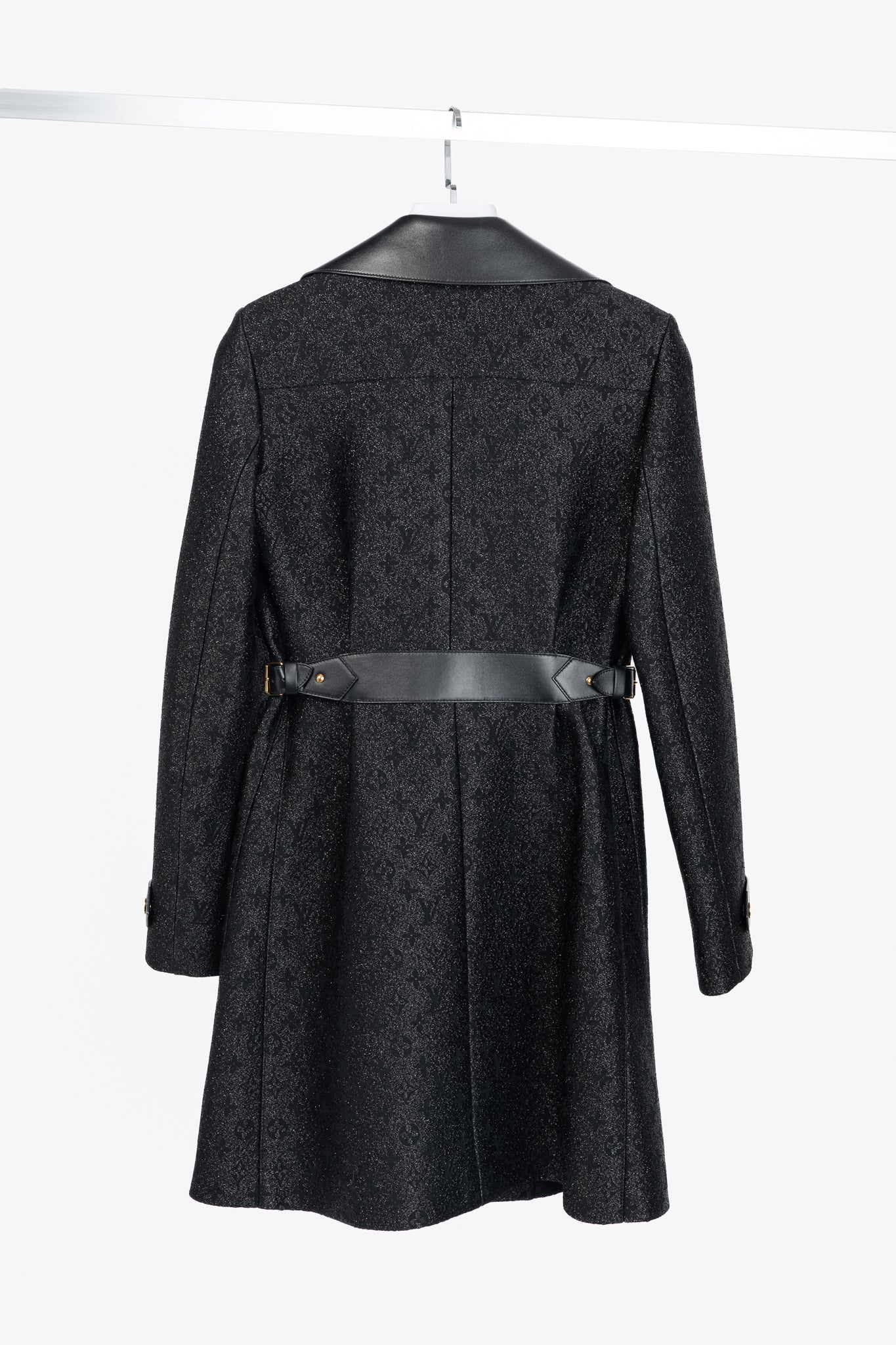 Louis Vuitton Black Monogram Wool Leather Insert A-Line Glitter Coat