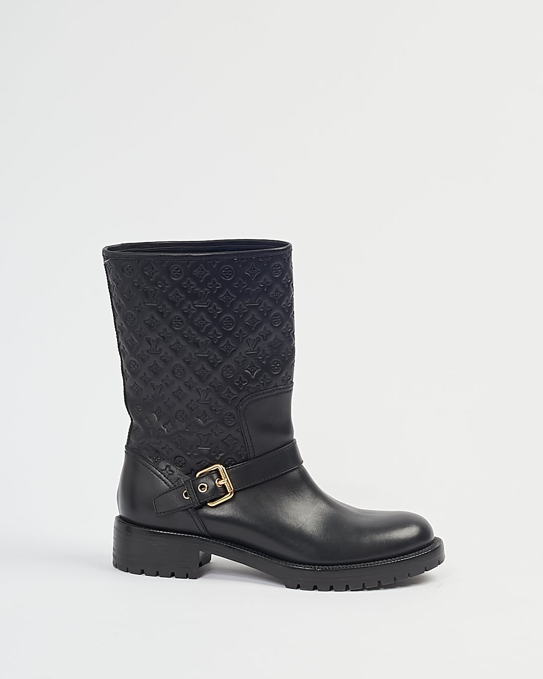 Louis Vuitton Black Smooth Leather Monogram Buckle Boots - 8