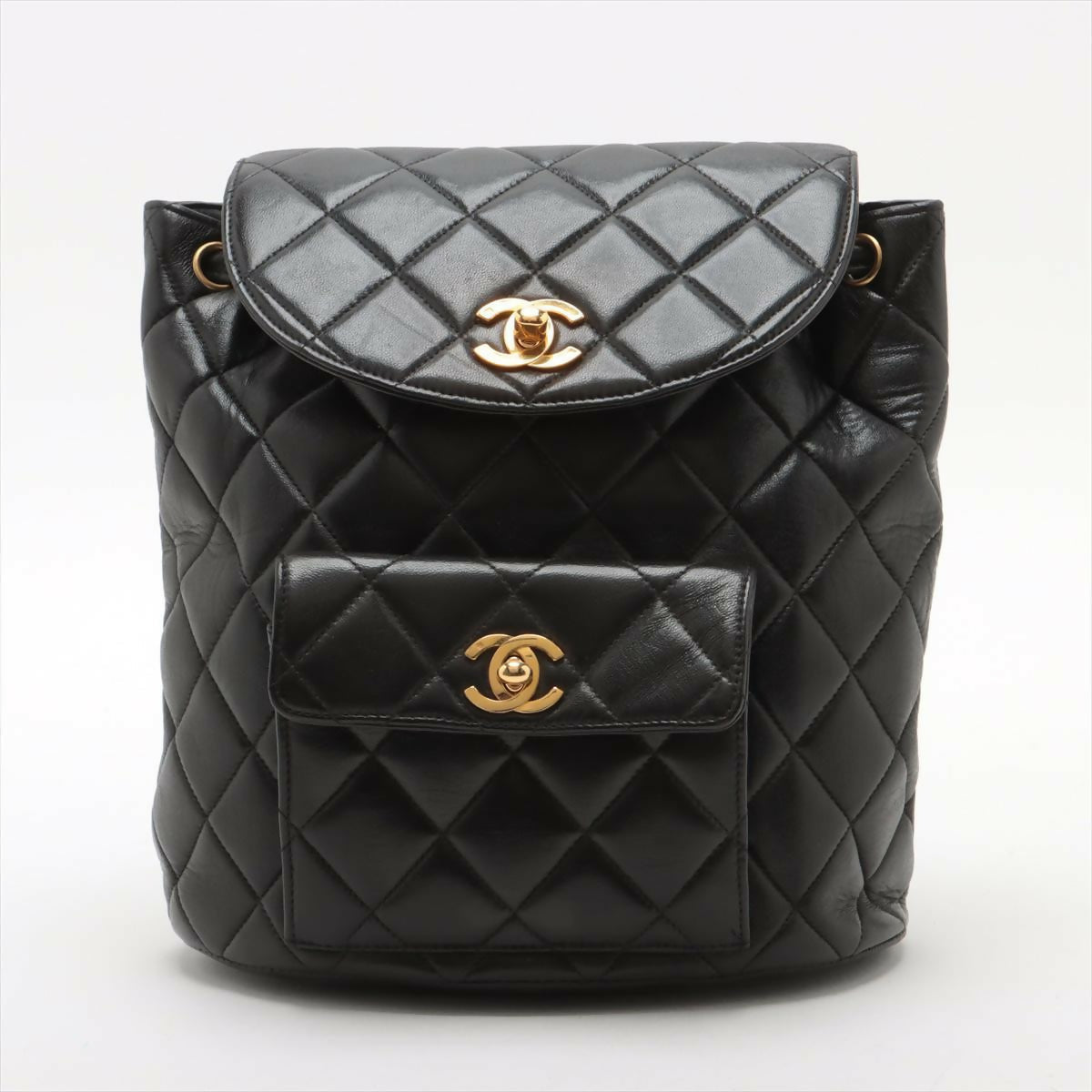 Chanel  Black Lambskin Diamond-Quilted Flap Backpack