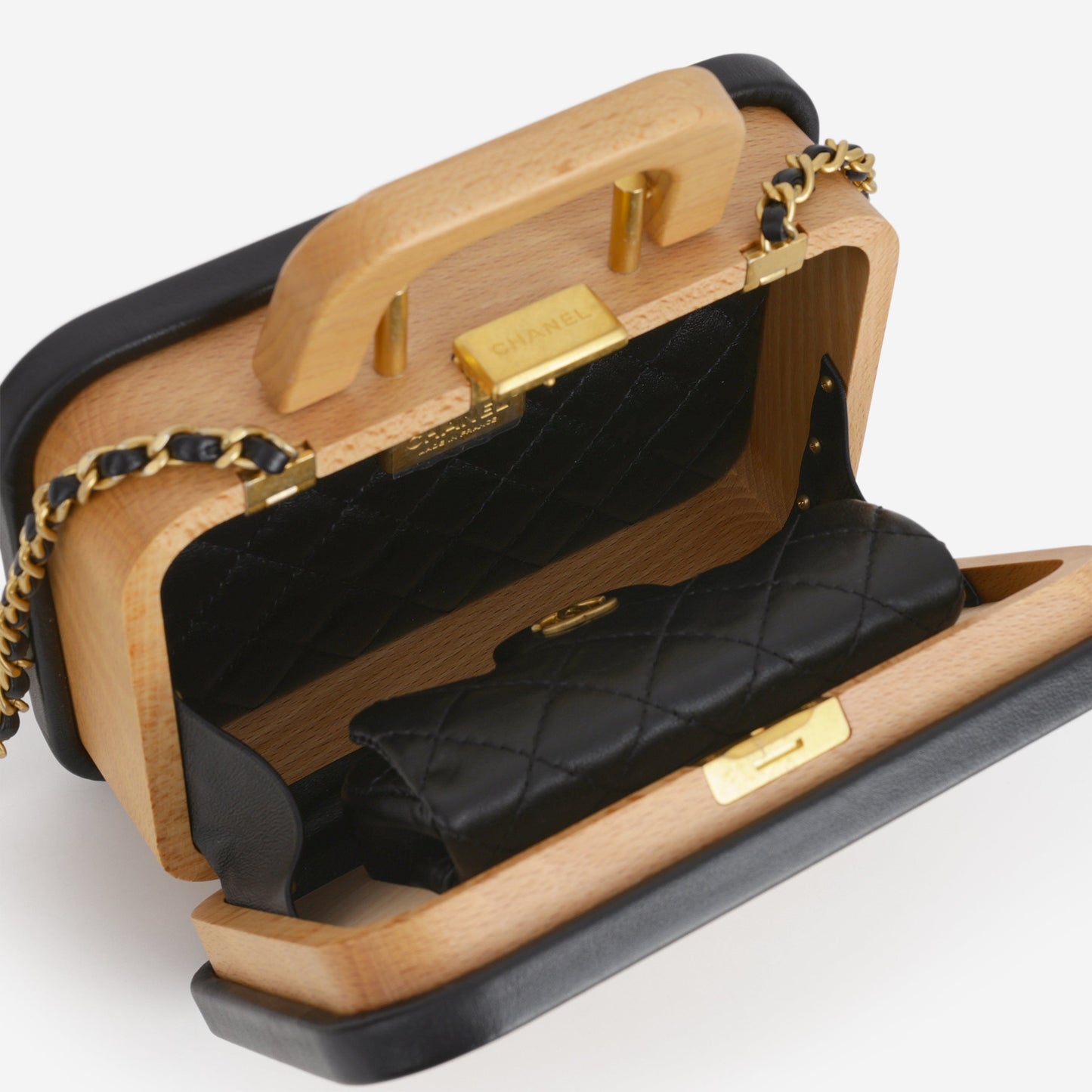 Chanel CC Vanity Case - Beech Wood and Black Lambskin Brushed | Gold Hardware
