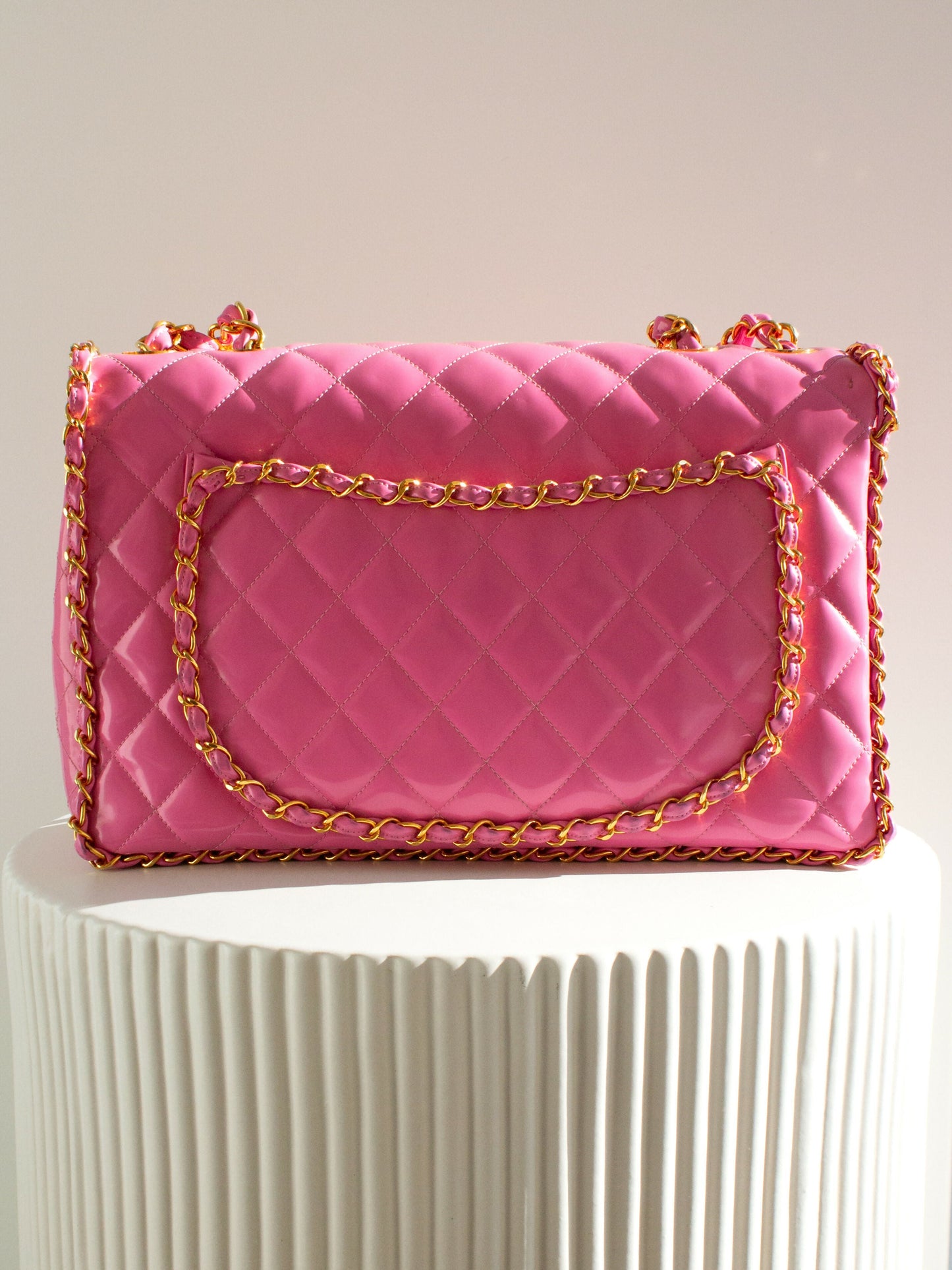 Chanel  S/S1995 Barbie Pink 24K Gold Chain Around Patent Lambskin Jumbo XL 95P Bag