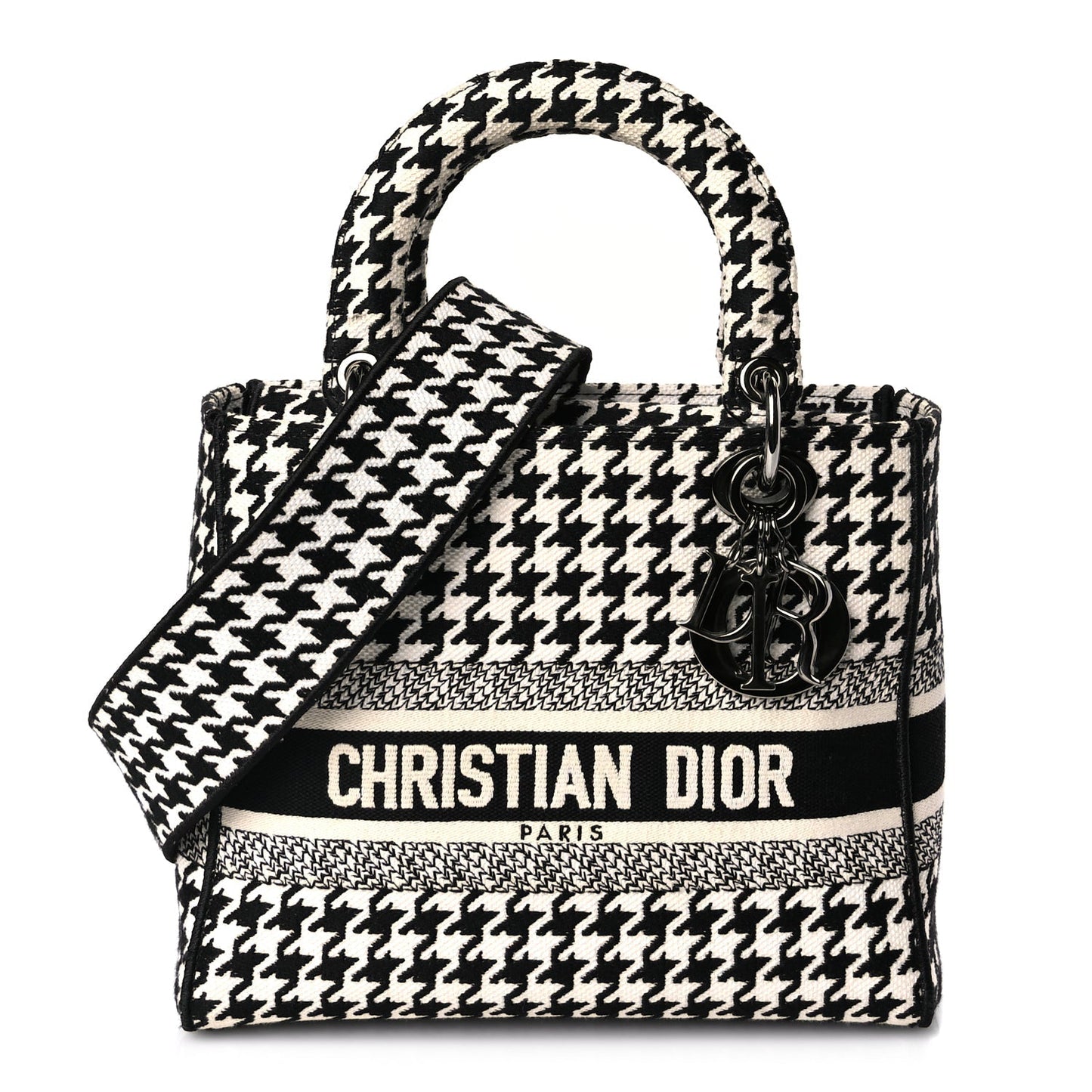 Christian Dior Canvas Houndstooth Embroidered Medium Lady D-Lite Black White