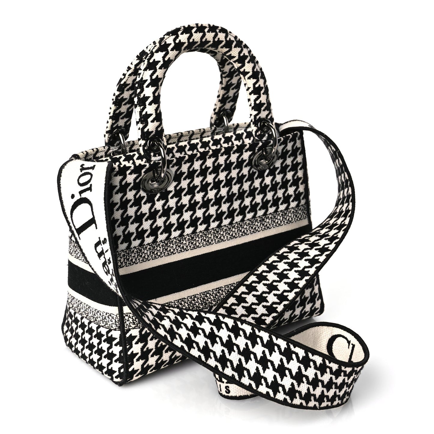 Christian Dior Canvas Houndstooth Embroidered Medium Lady D-Lite Black White