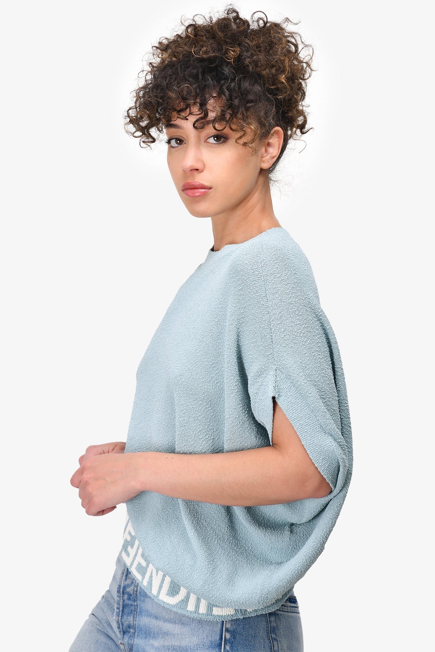 Fendi Blue Towelling Asymmetrical Sweater With Interior Logo Trim Size 40