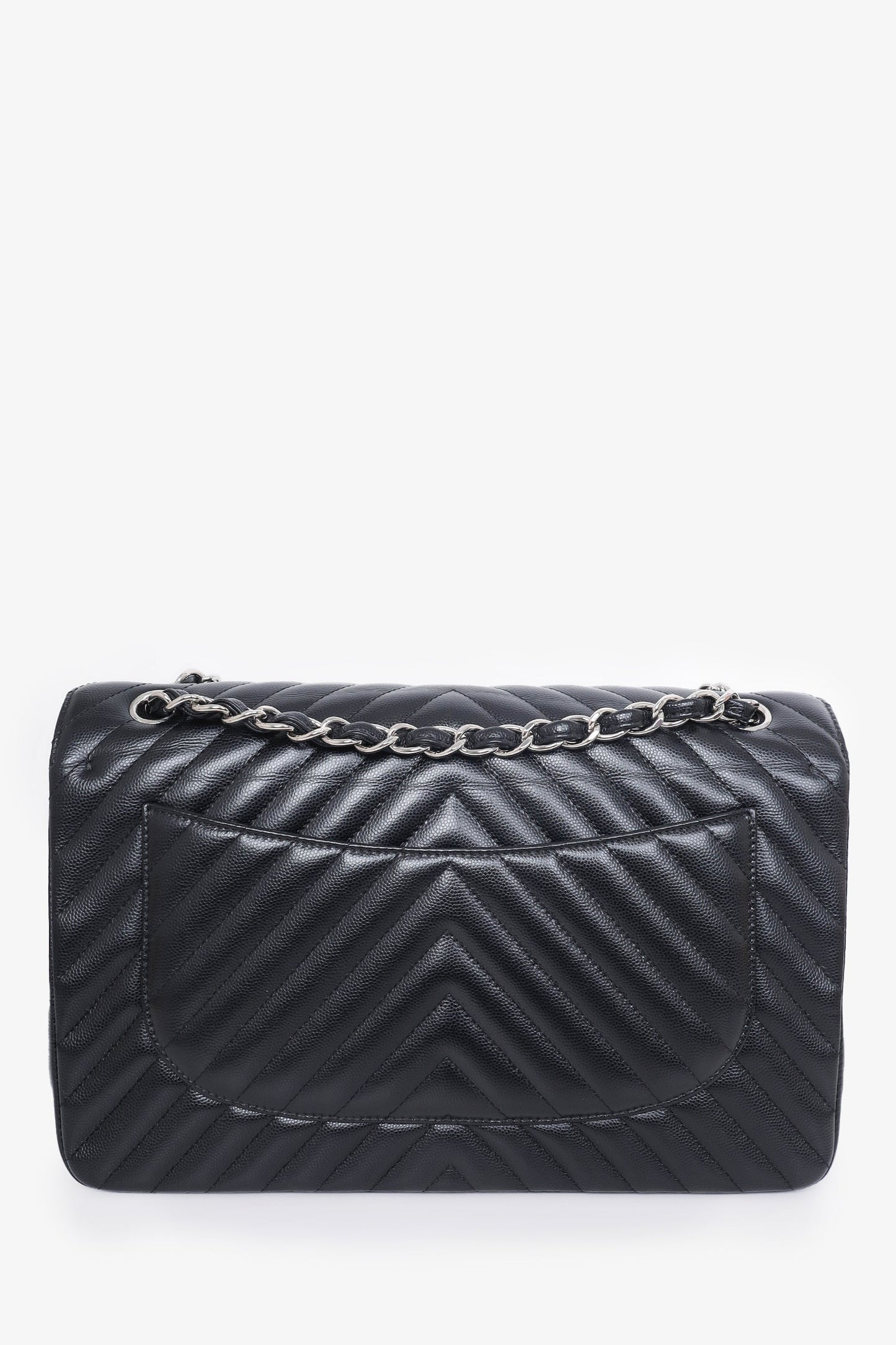 Chanel™ 2016-17 Black Chevron Caviar Leather Jumbo Double Flap Shoulder Bag