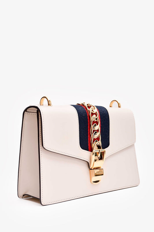 Gucci White Leather Small Web Detail Sylvie Bag With Strap