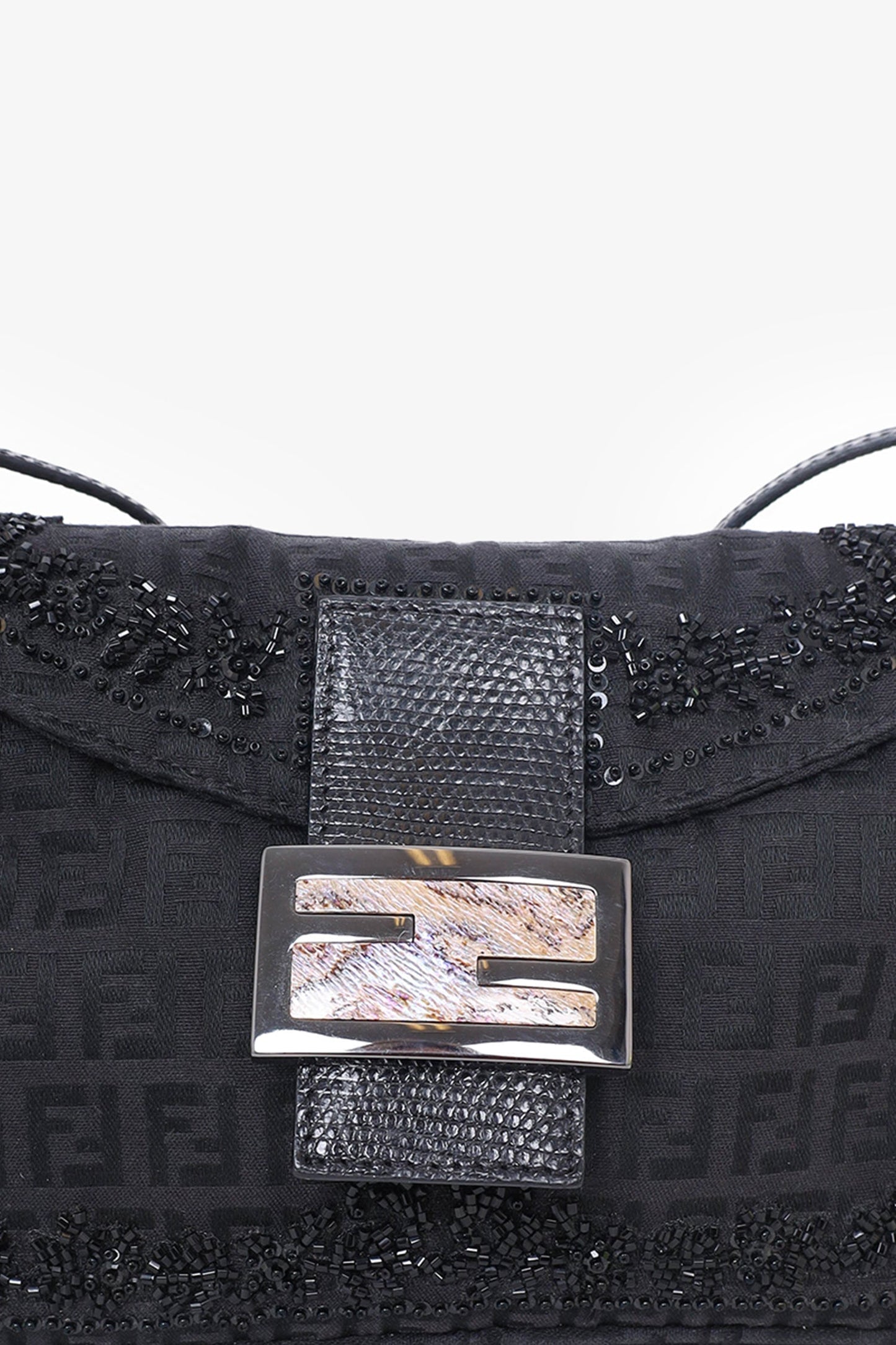 Fendi Black FF Zucca Beaded Lizard Trimmed Baguette