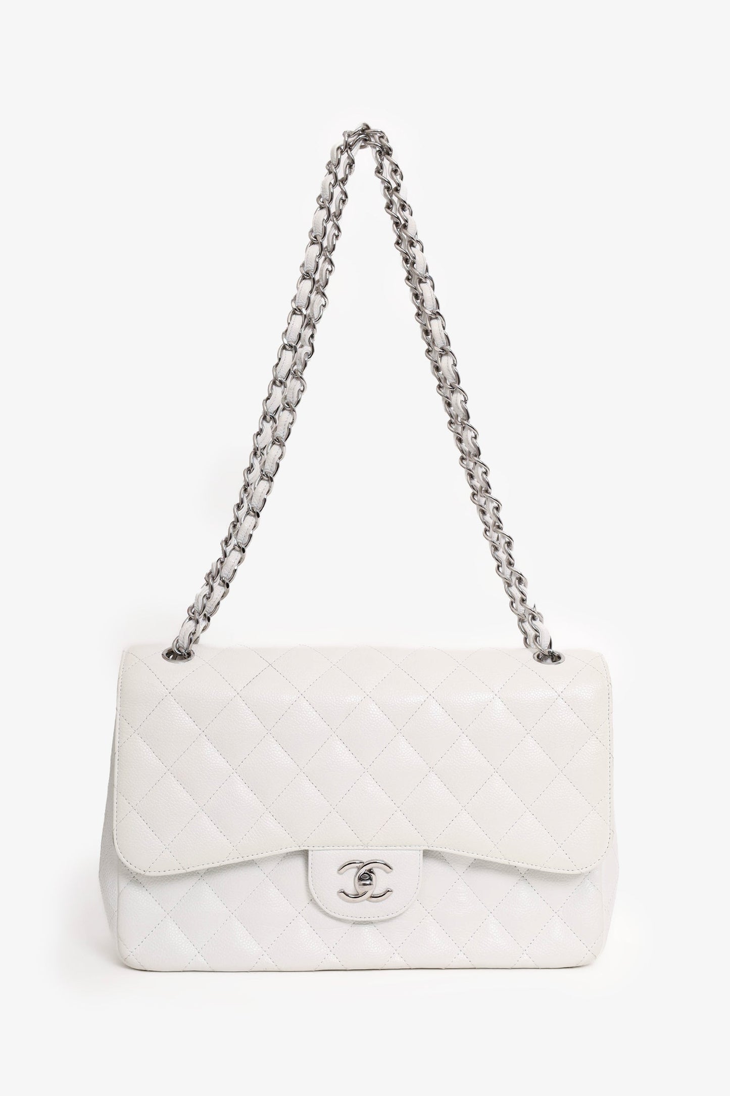Chanel™ 2011 White Caviar Leather Jumbo Classic Flap Shoulder Bag