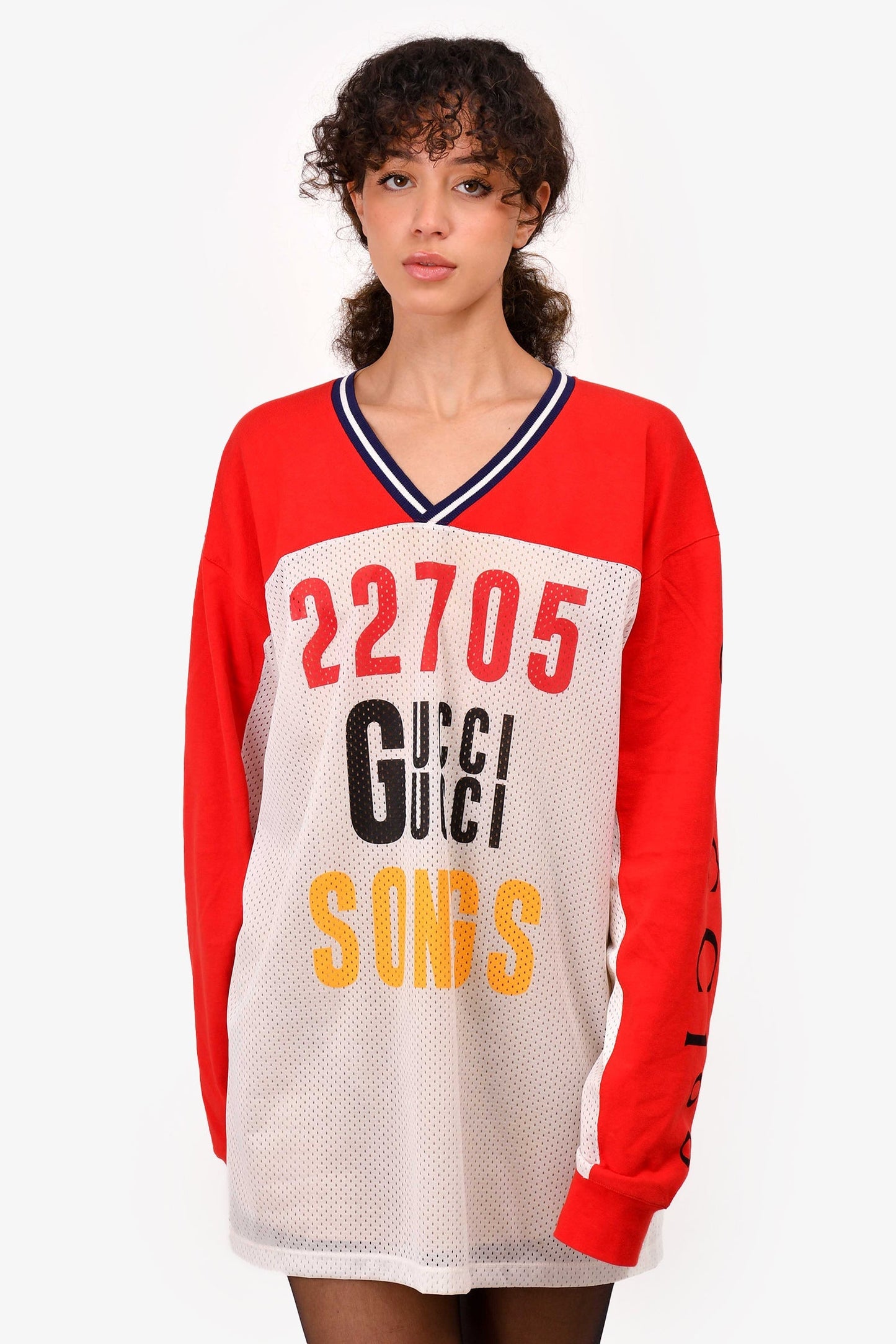 Gucci Red/White Mesh '22705 Songs' Jersey Top Size M